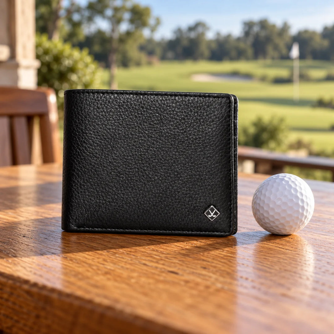 Black leather golf wallet with silver golf emblem in a natural clubhouse setting