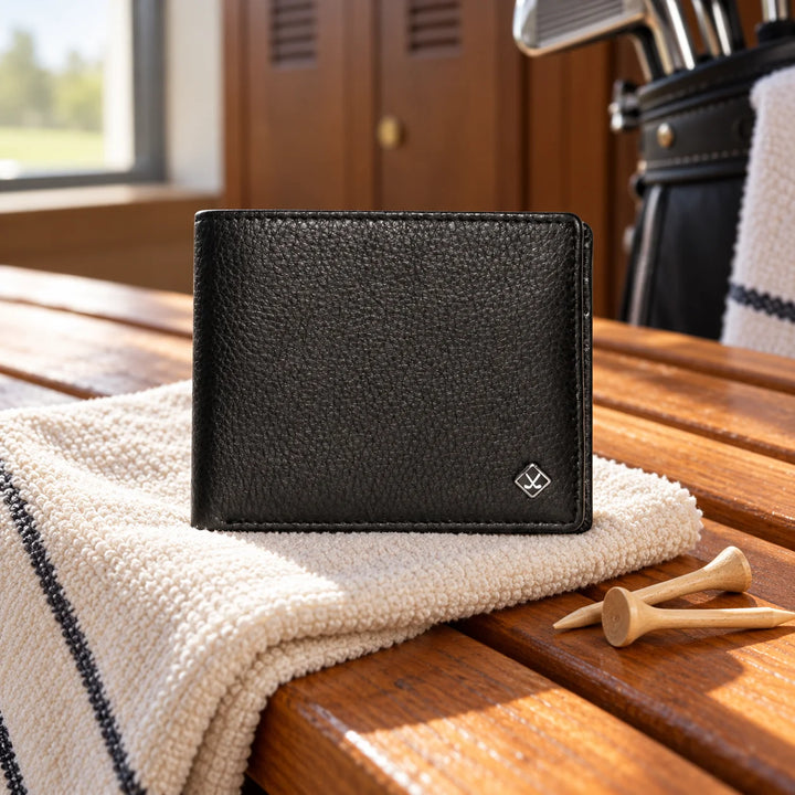 Black leather golf wallet with silver golf emblem in a natural clubhouse setting
