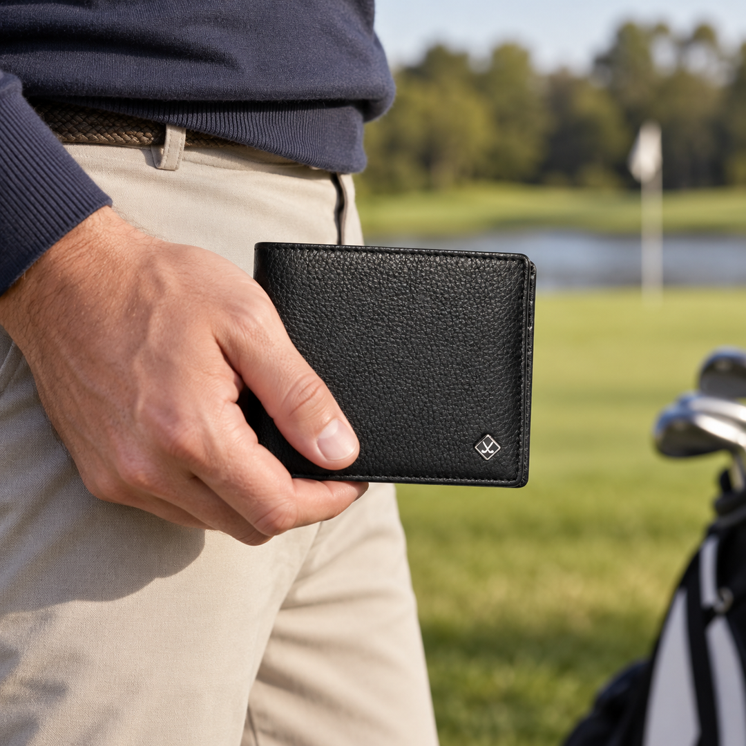 Black leather golf wallet held naturally by a golfer on the course