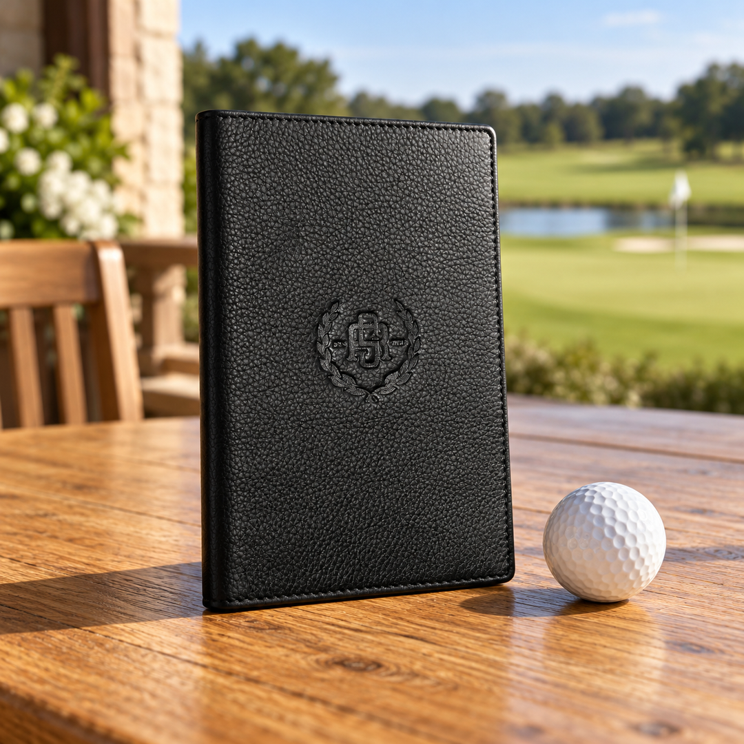 Black leather golf scorecard holder with embossed crest in a golf clubhouse setting