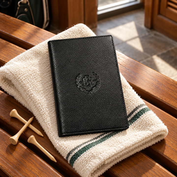 Black leather golf scorecard holder with embossed crest in a golf clubhouse setting