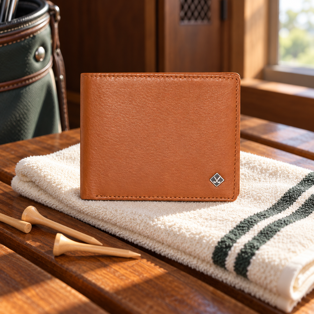Cognac leather golf wallet with silver golf emblem in a natural golf setting