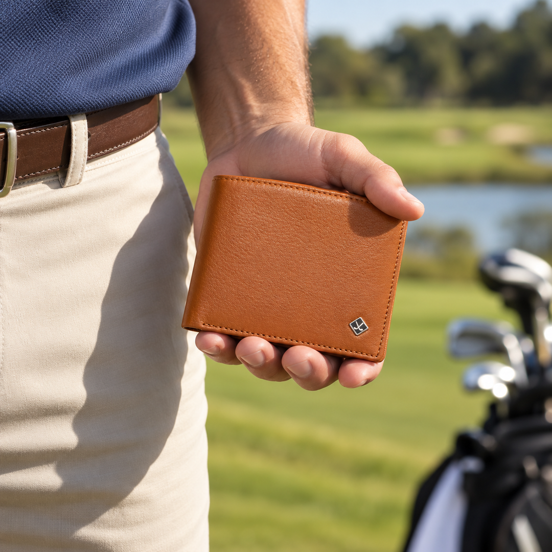 Cognac leather golf wallet with silver golf emblem in a natural golf setting