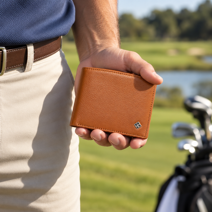 Cognac leather golf wallet with silver golf emblem in a natural golf setting