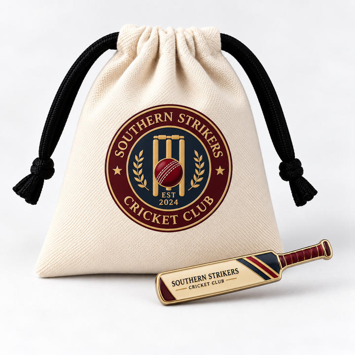 Custom cricket club pin with branded club pouch