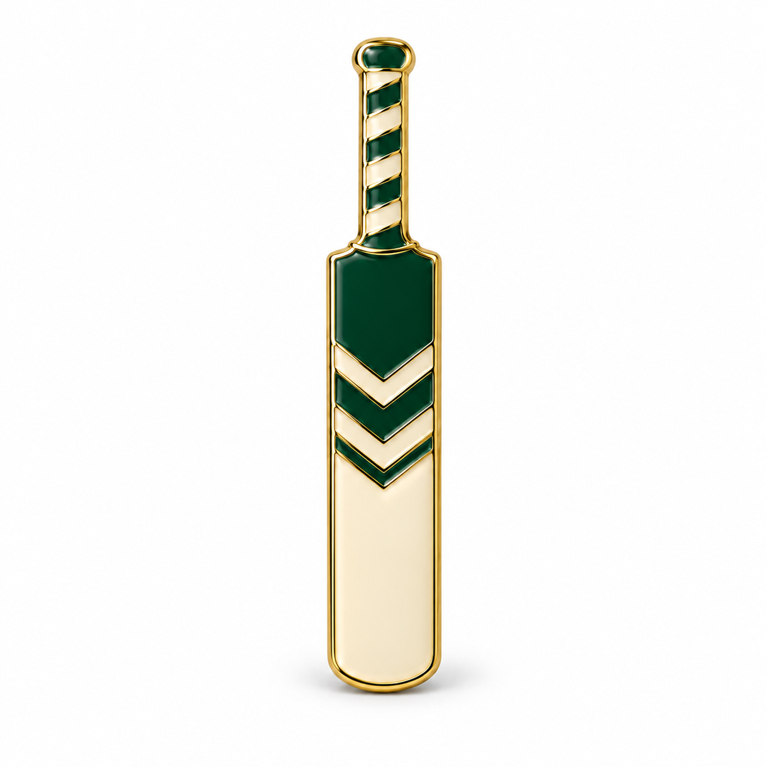 Custom cricket club enamel pin in green, cream and gold on white background