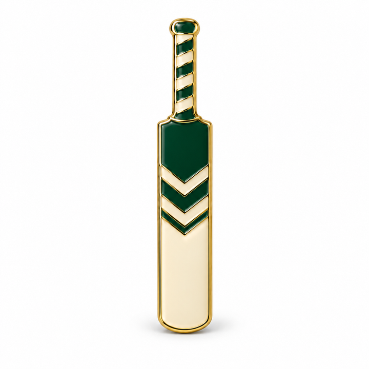 Custom cricket club enamel pin in green, cream and gold on white background