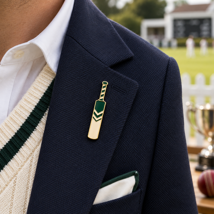 Custom cricket club pin shown at approximately 5cm on a navy blazer