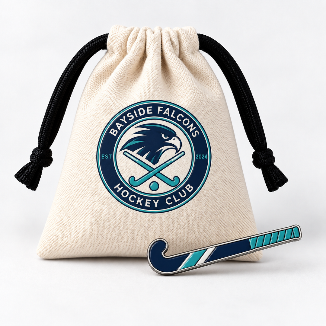 Custom field hockey club pin with branded club pouch