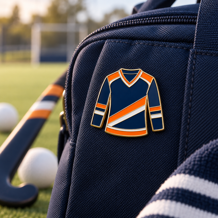 Custom field hockey jersey pin shown at approximately 5cm on a navy kit bag