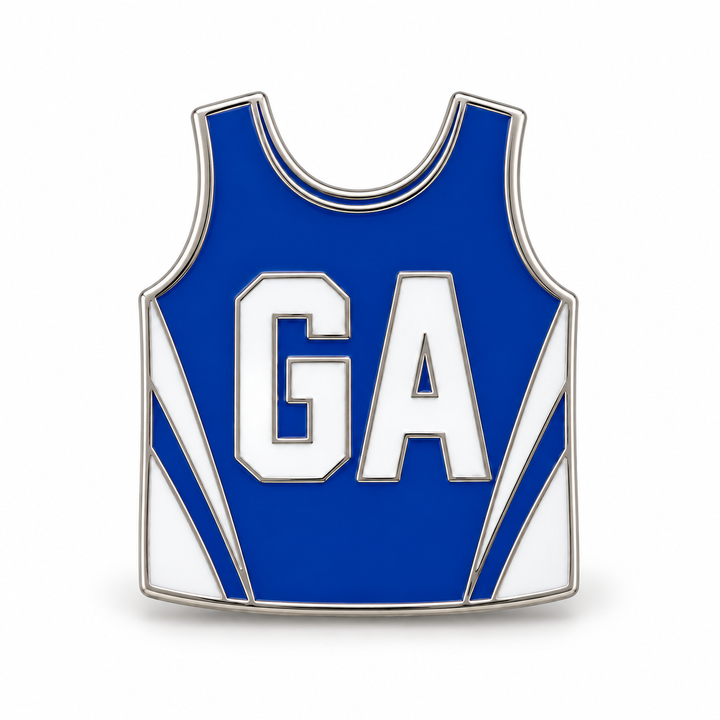 Custom netball club bib pin in blue and white on white background