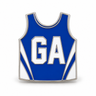 Custom netball club bib pin in blue and white on white background