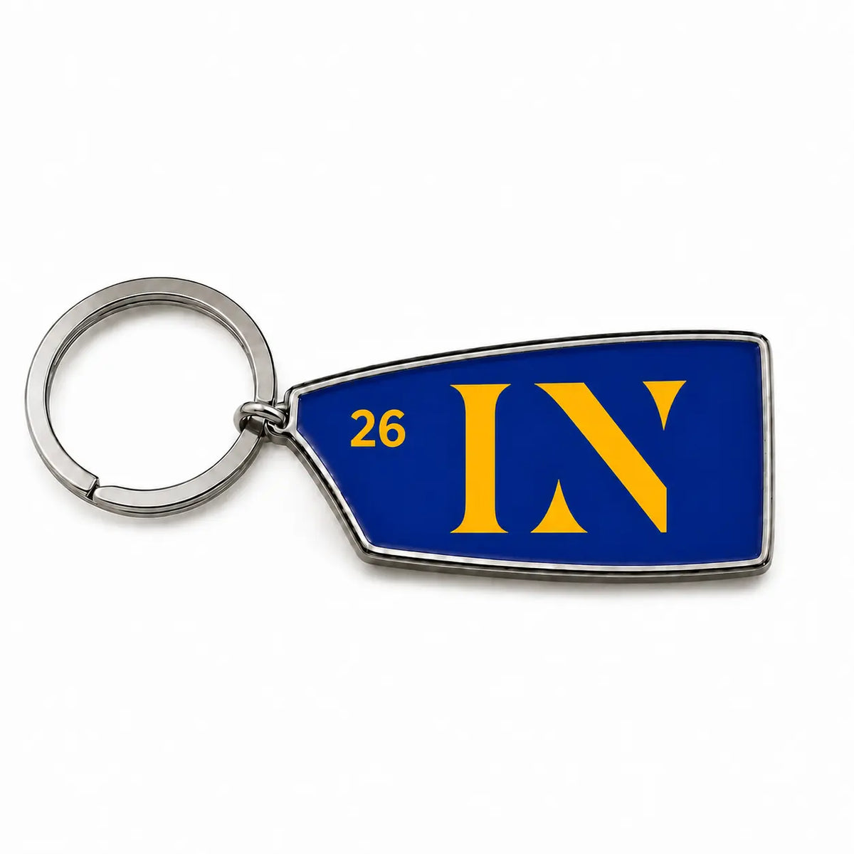 Custom rowing oar keychain in blue and gold with 2026 detail