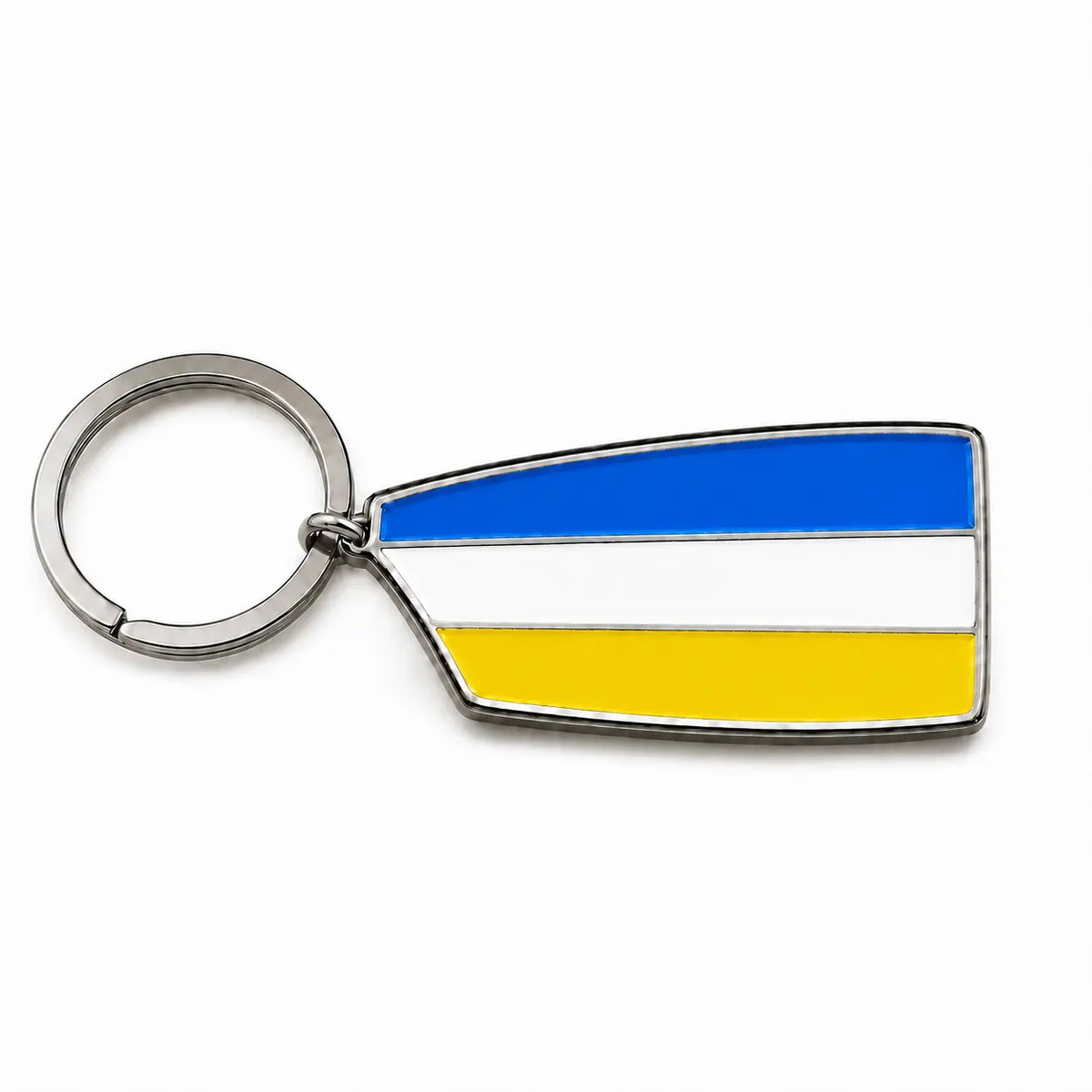 Custom rowing oar keychain in blue, white and yellow club colours