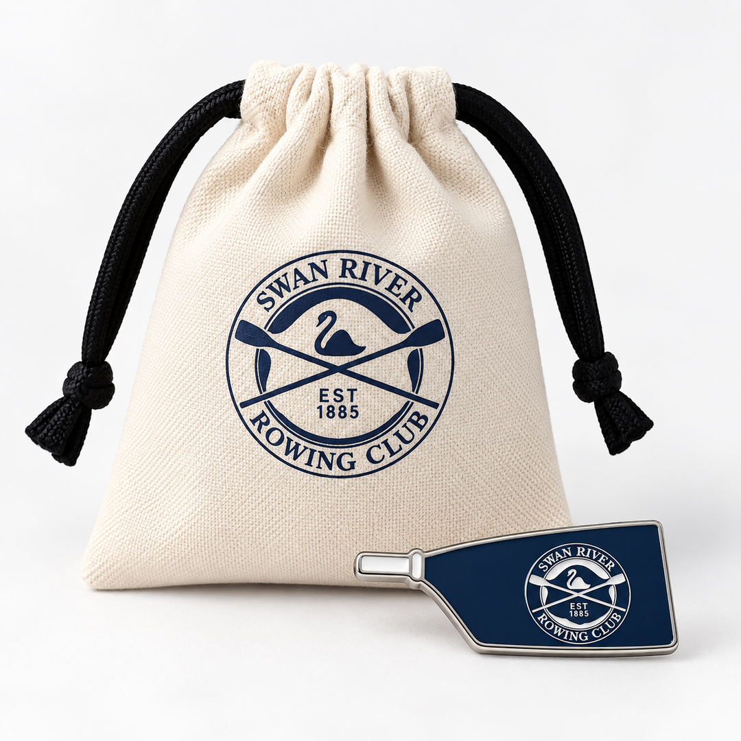 Custom rowing club blade pin with branded Swan River Rowing Club presentation pouch