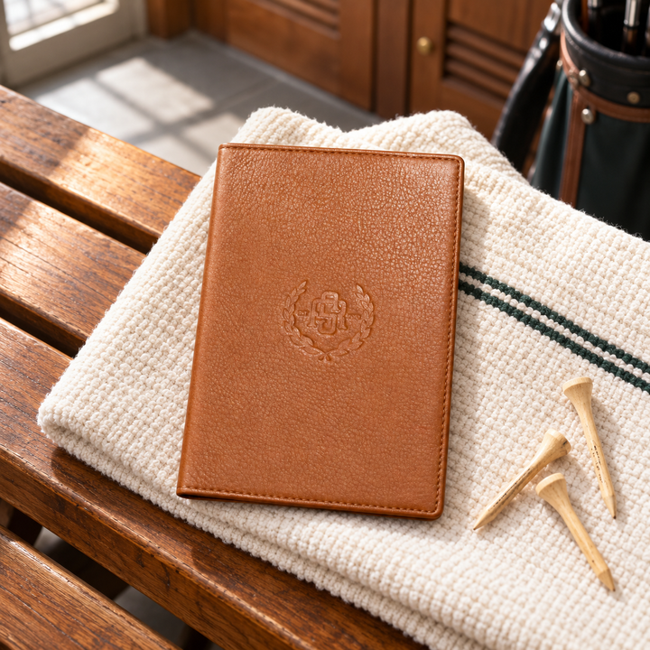 Cognac leather golf scorecard holder in a realistic golf setting