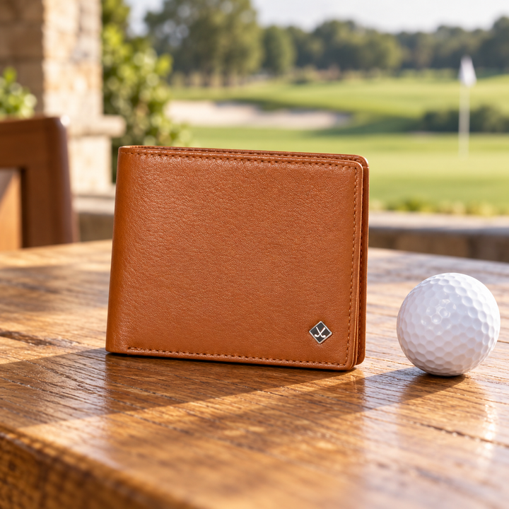 Cognac leather golf wallet beside a golf ball at the clubhouse