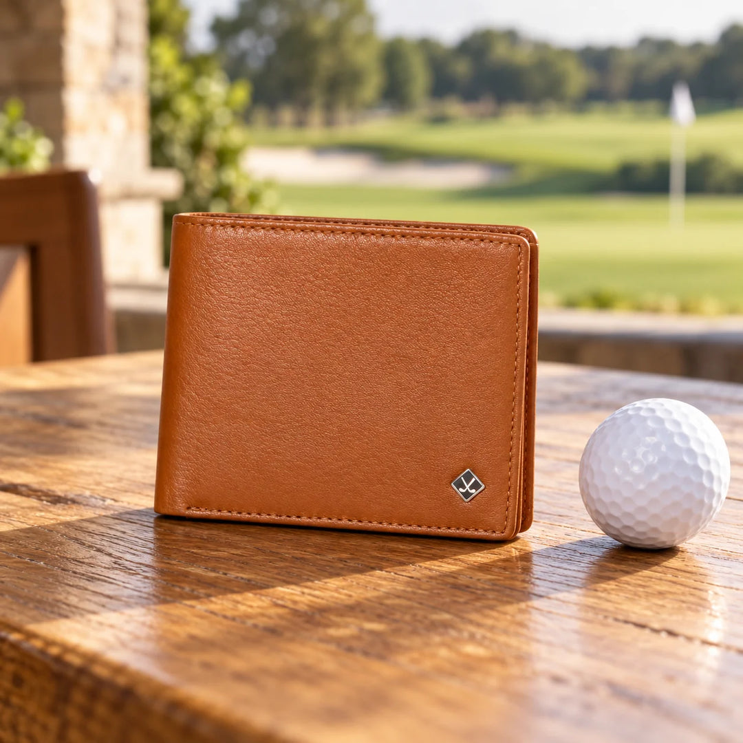 Cognac leather golf wallet beside a golf ball at the clubhouse