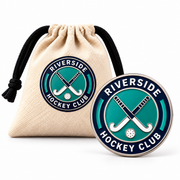 Riverside Hockey Club enamel pin and matching branded pouch on white background