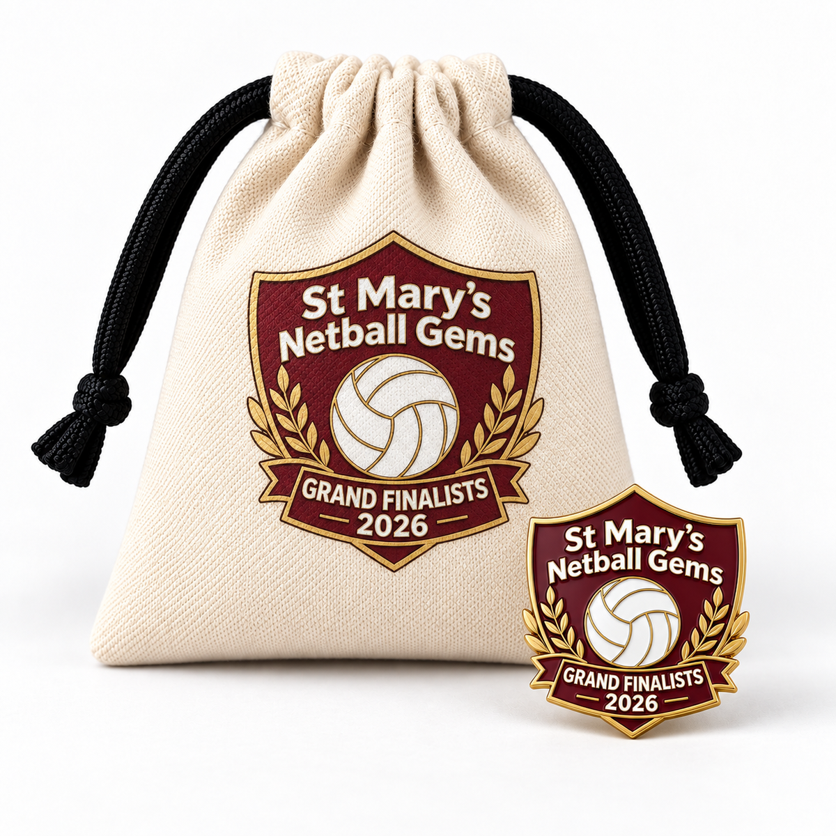 St Mary's Netball Gems custom enamel club pin with branded presentation pouch