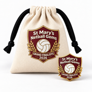 St Mary's Netball Gems custom enamel club pin with branded presentation pouch
