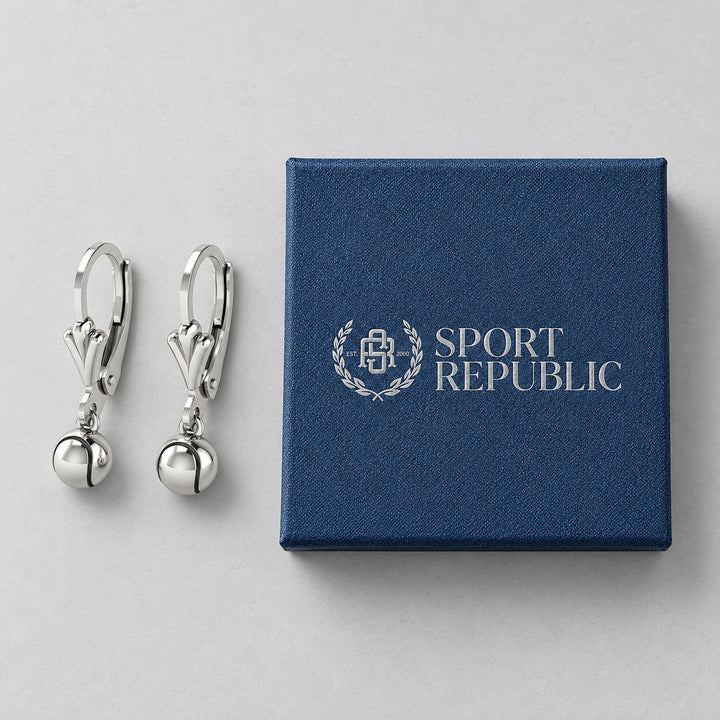 Tennis Ball Hanging Earrings beside the real blue Sport Republic gift box
