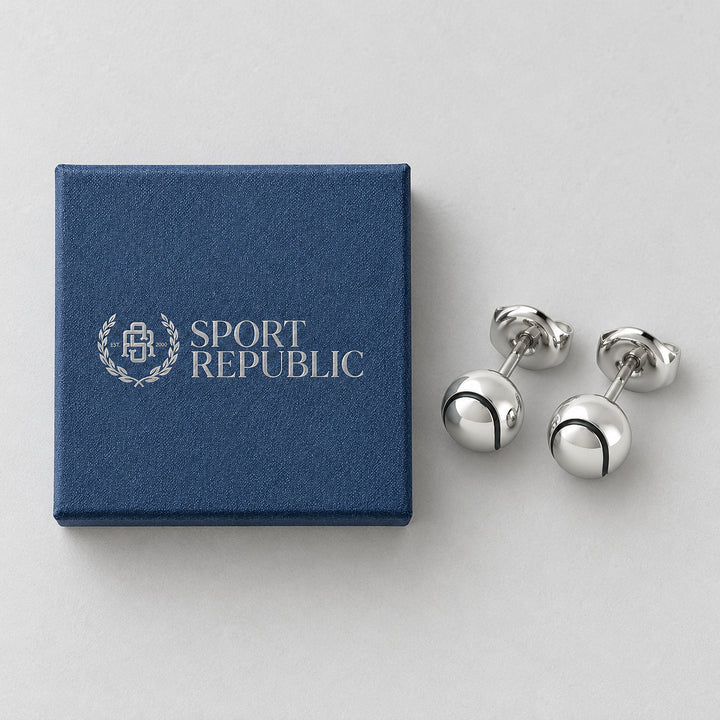 Tennis Ball Earrings beside the real blue Sport Republic gift box