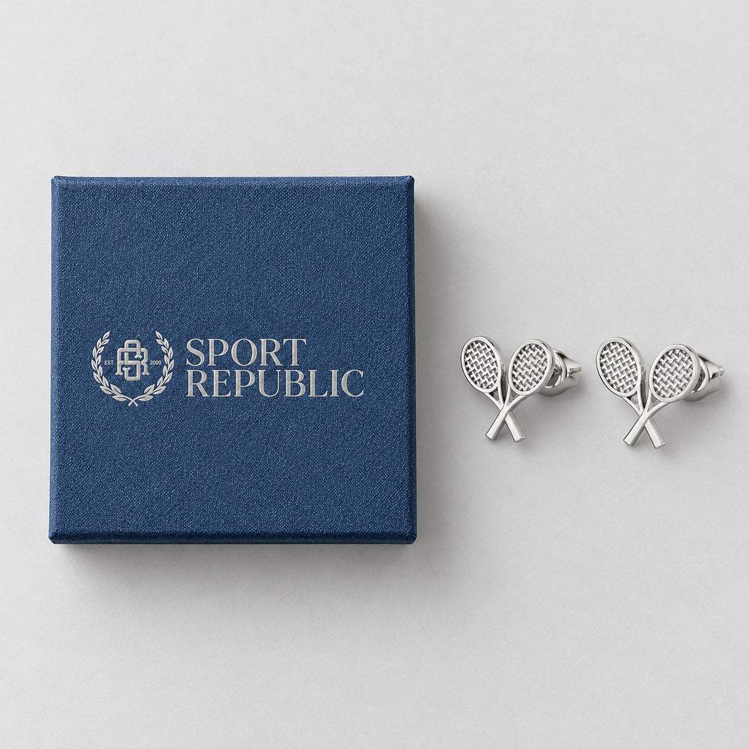 Tennis Crossed Rackets Earrings beside the real blue Sport Republic gift box