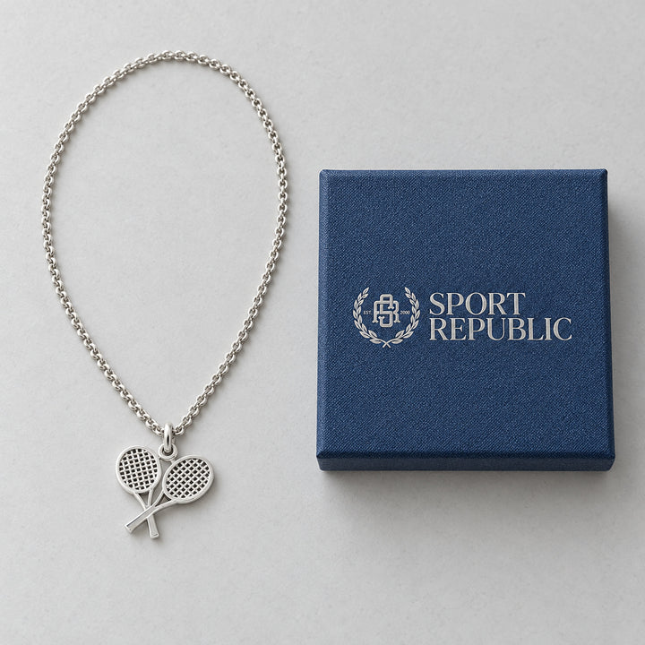 Tennis Double Rackets Pendant beside the real blue Sport Republic gift box – with-chain option