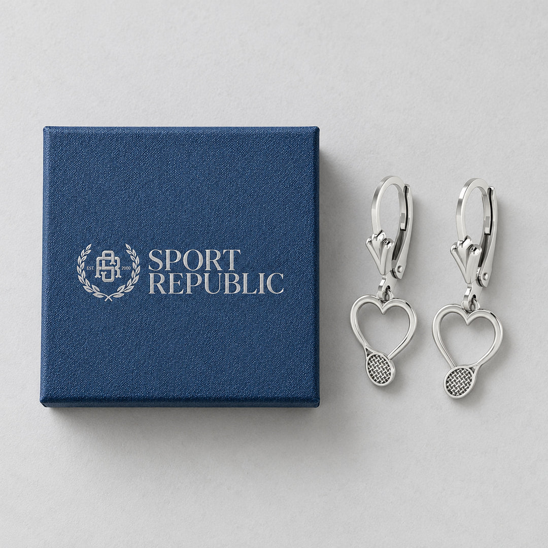 Tennis Heart Hanging Earrings beside the real blue Sport Republic gift box