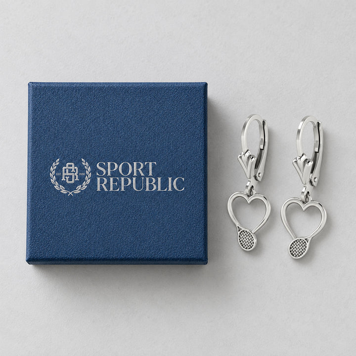 Tennis Heart Hanging Earrings beside the real blue Sport Republic gift box