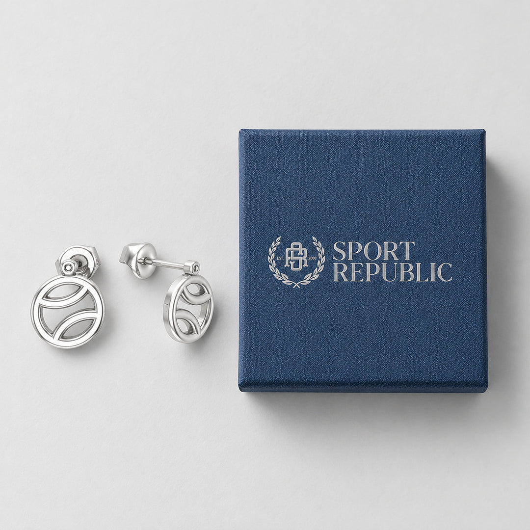 Tennis Minimal Ball Earrings beside the real blue Sport Republic gift box