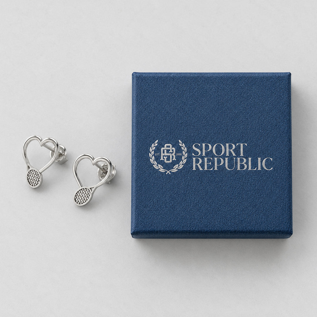 Tennis Racket Stud Earrings beside the real blue Sport Republic gift box